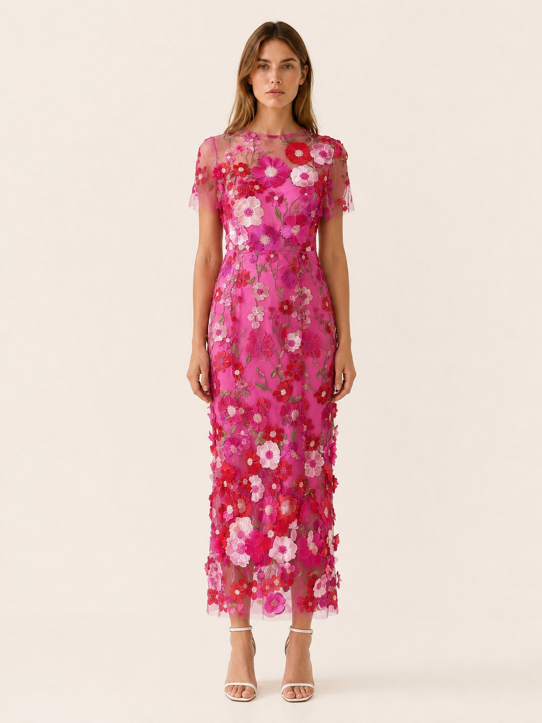Vestido midi floral para invitada de boda - Elegante cuello redondo y manga corta para mujer