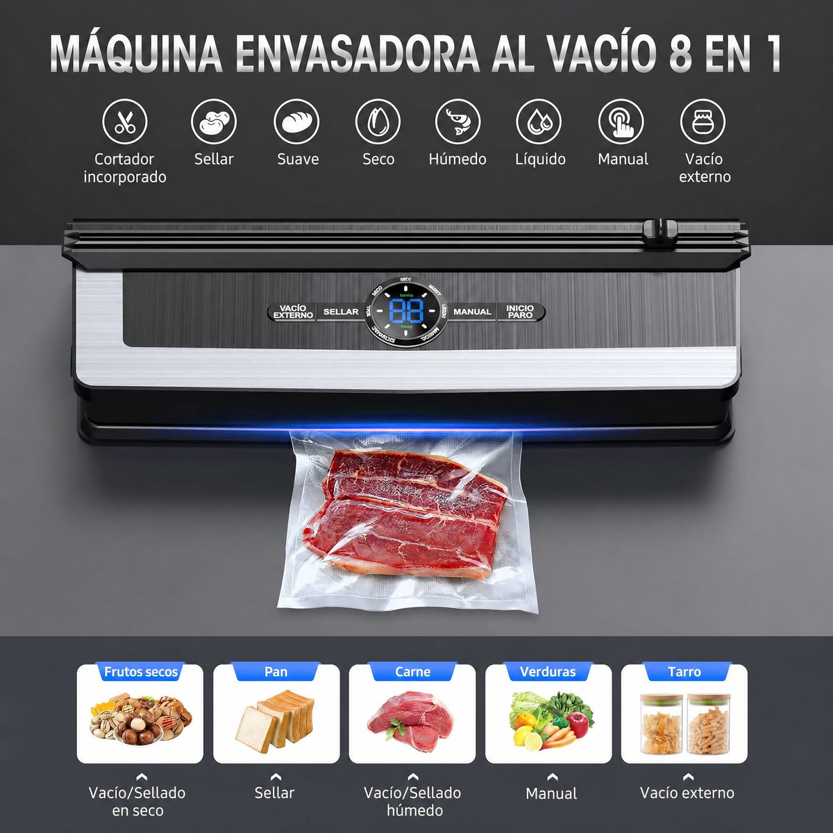 Envasadora al vacío profesional 8 en 1 | Cuchilla de corte de precisión integrada | Modos para alimentos secos y húmedos