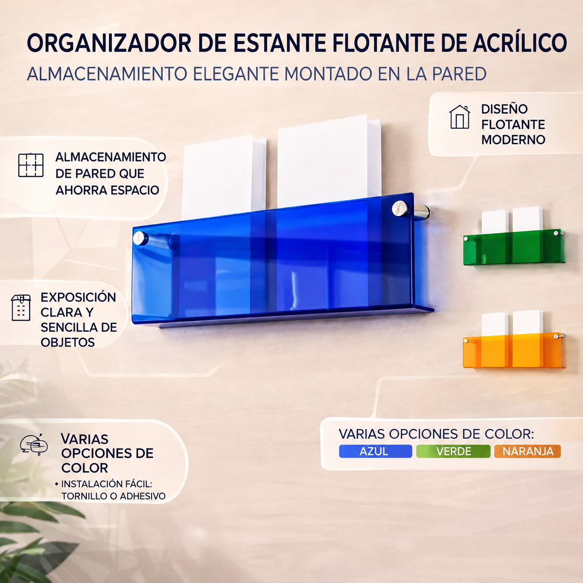 Estante de pared acrílico flotante para exposición y almacenaje de revistas