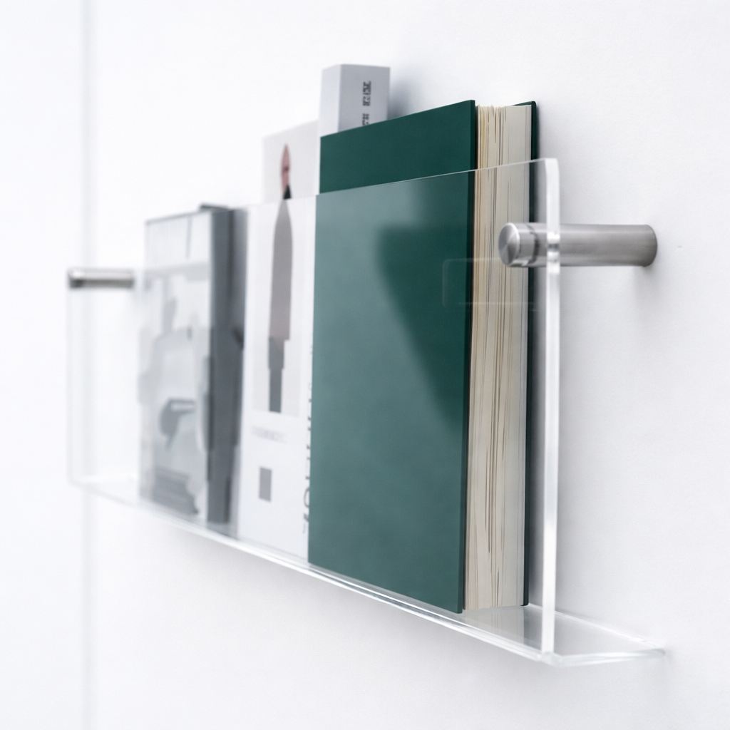 Estante de pared acrílico flotante para exposición y almacenaje de revistas