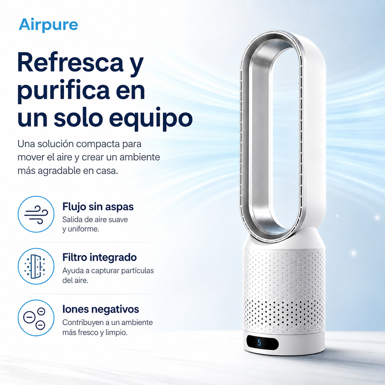 Enfriador de aire 3 en 1 con purificador, oscilación y panel LED táctil AirPure