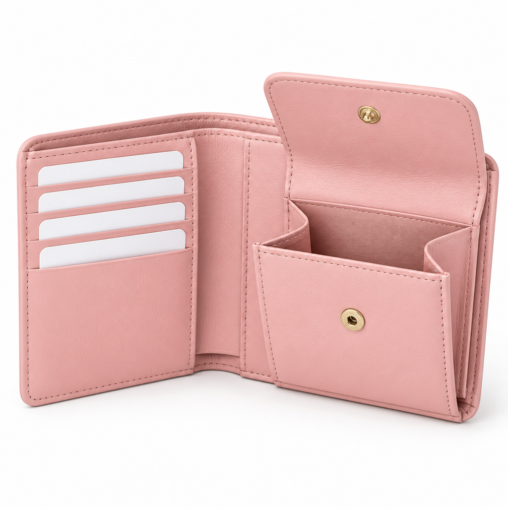 Cartera abierta mostrando compartimentos interiores.