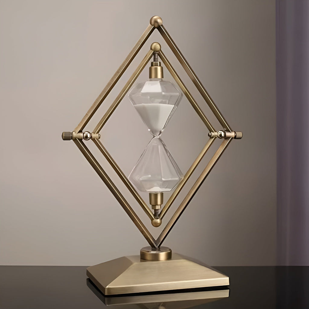 Reloj de arena con estructura geométrica de metal – Temporizador de meditación con arena blanca