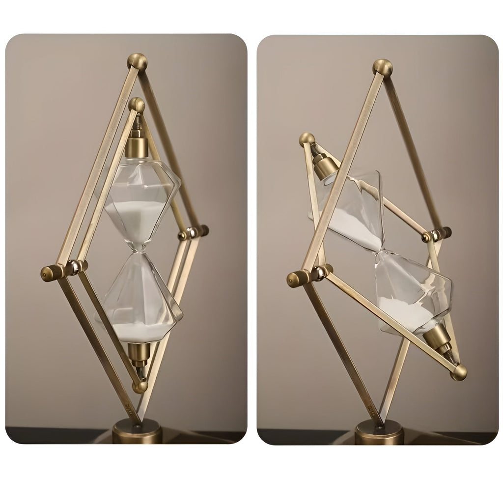 Reloj de arena con estructura geométrica de metal – Temporizador de meditación con arena blanca