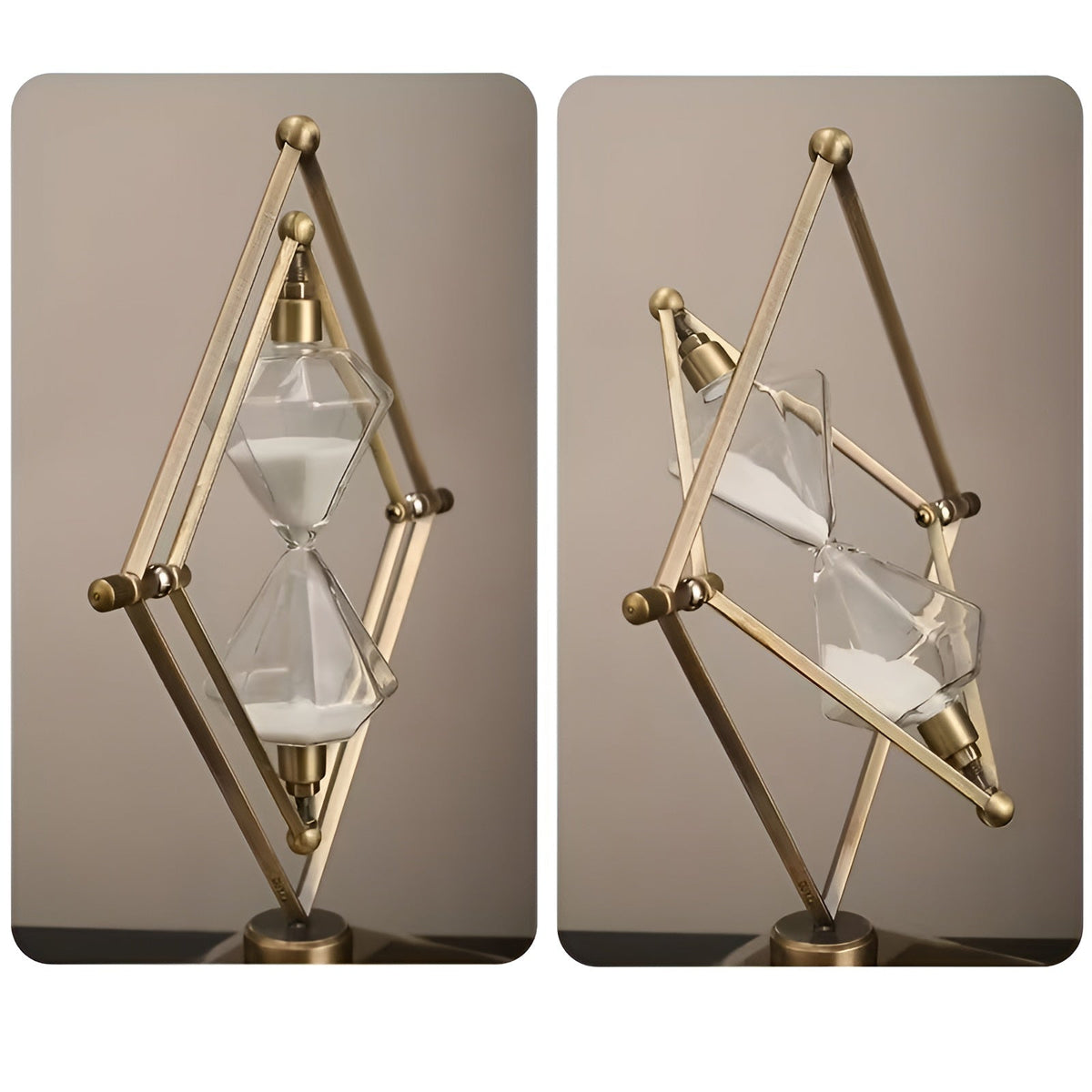 Reloj de arena con estructura geométrica de metal – Temporizador de meditación con arena blanca