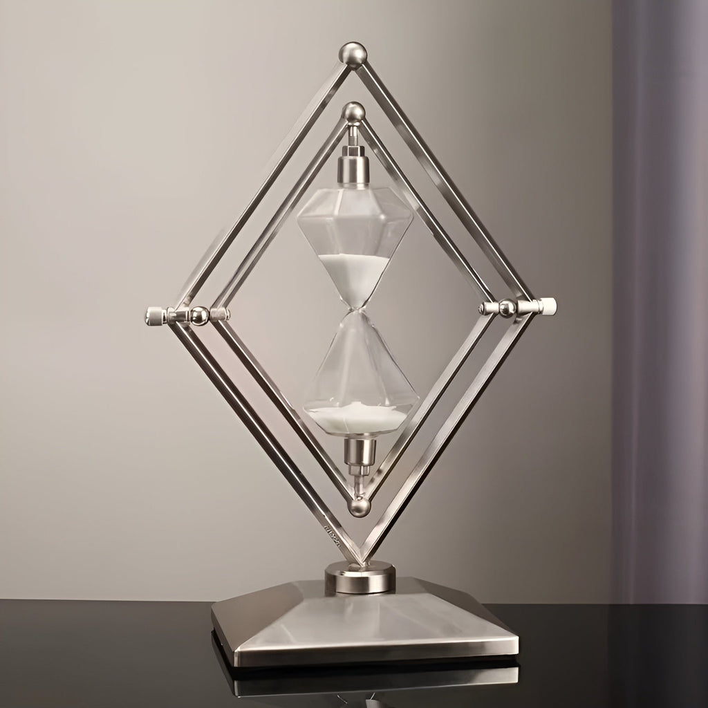 Reloj de arena con estructura geométrica de metal – Temporizador de meditación con arena blanca