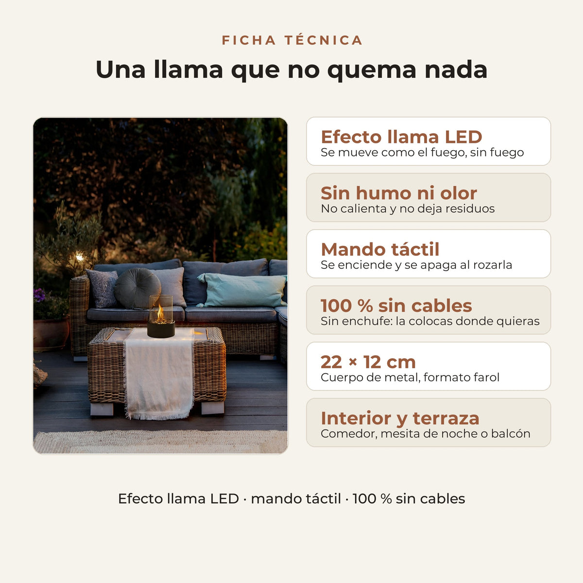 Lámpara de mesa sin cables con efecto llama Flamora