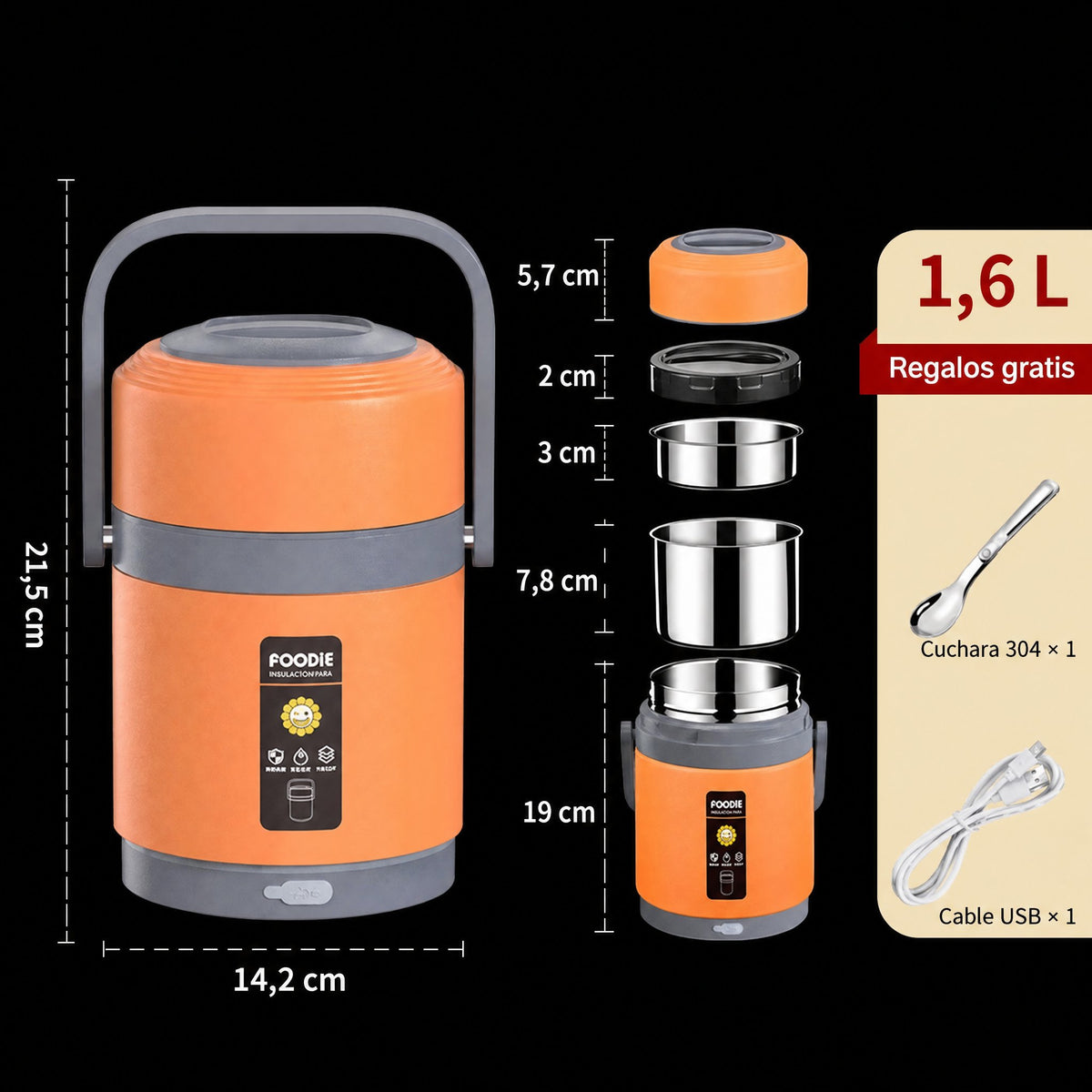 Fiambrera térmica USB | Acero inoxidable 304, calentador de comida portátil