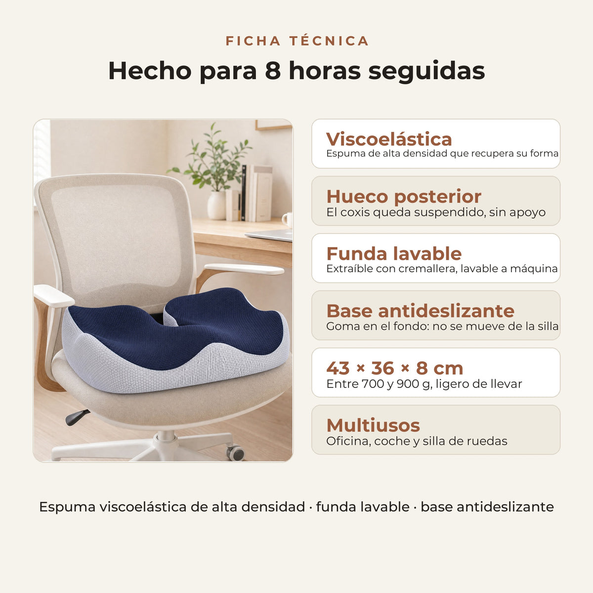 Cojín ergonómico regulable para silla y oficina FlexiSeat