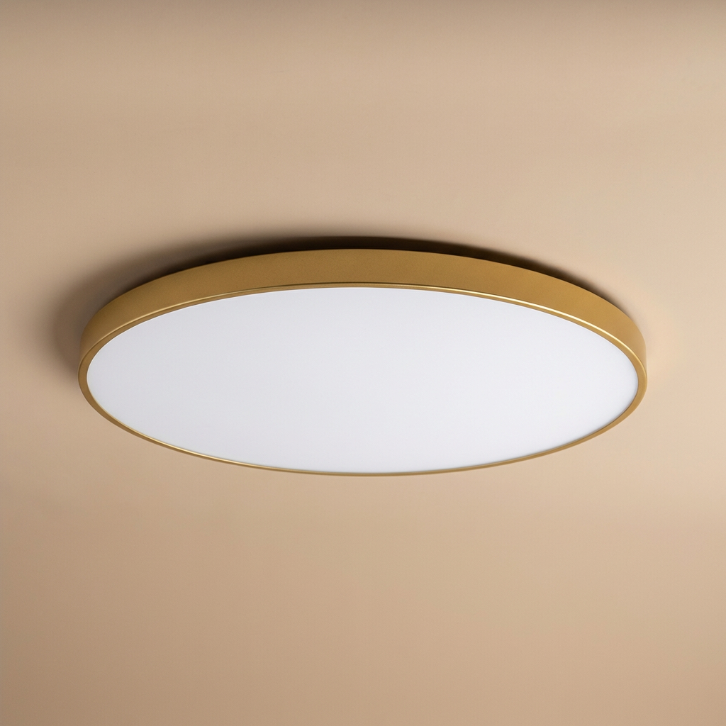 Lámpara de techo LED redonda con detalles dorados: diseño delgado y luz suave.
