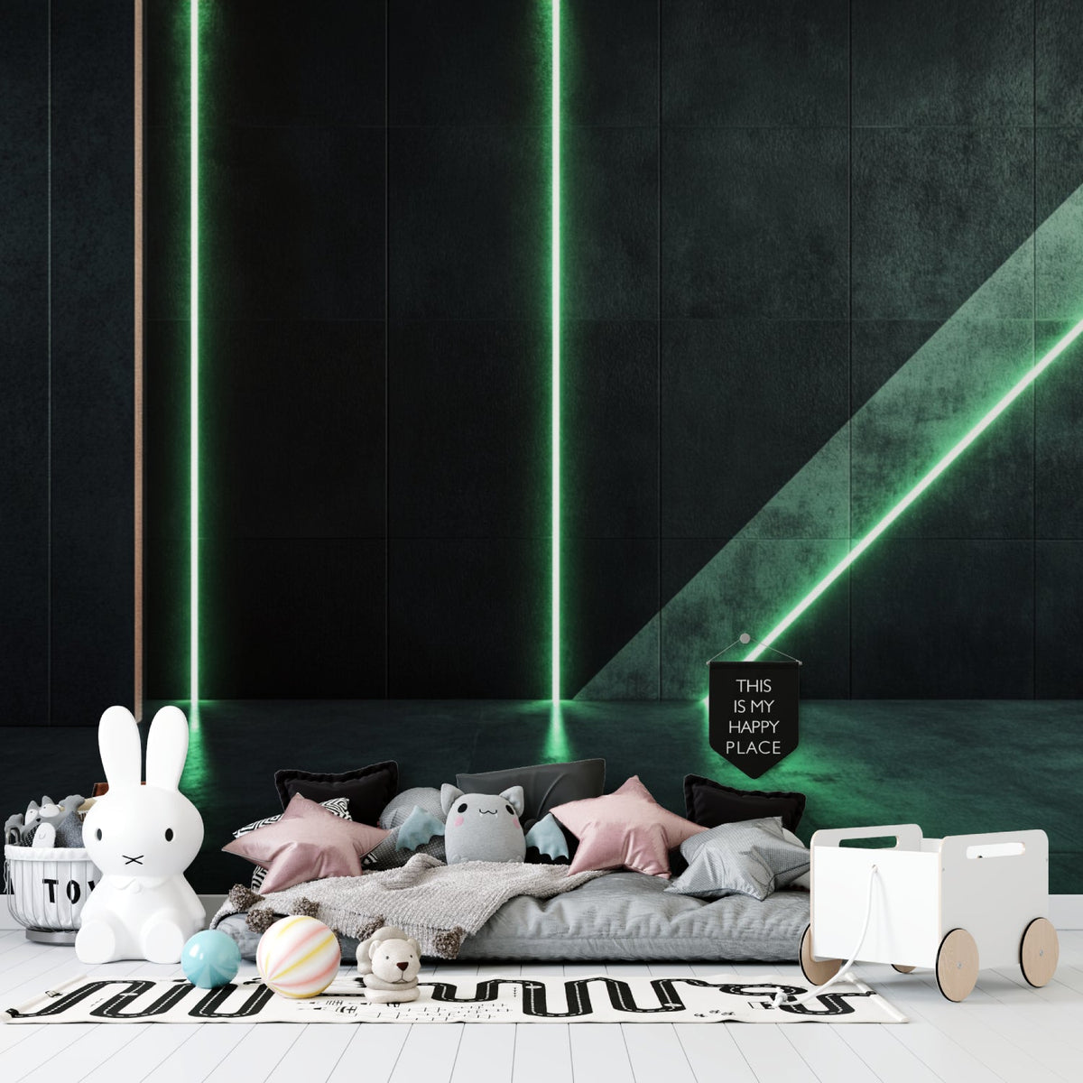 Papel pintado mural geométrico | Diseño moderno con luz verde