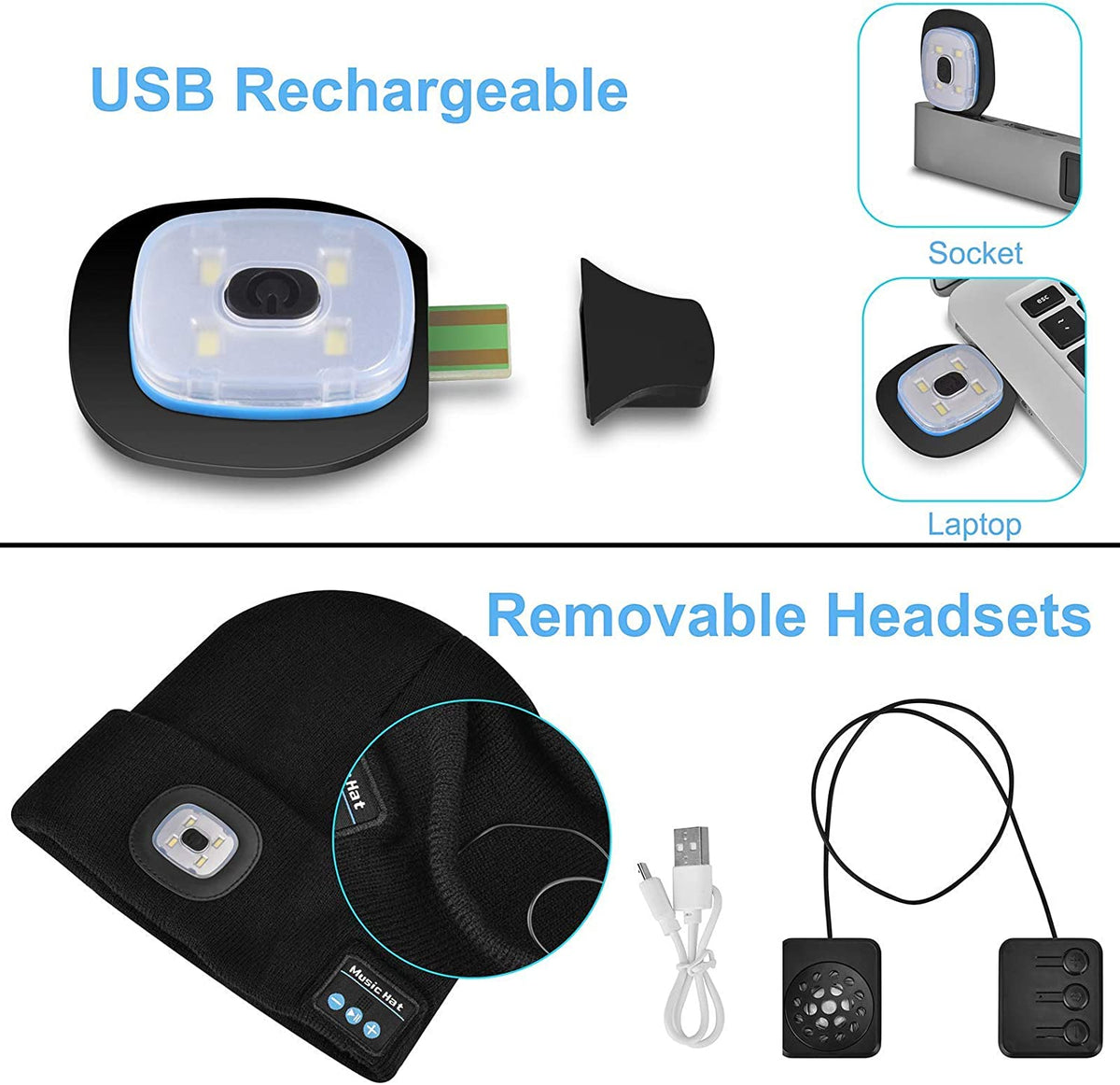 Gorro Bluetooth con luz y auriculares inalámbricos