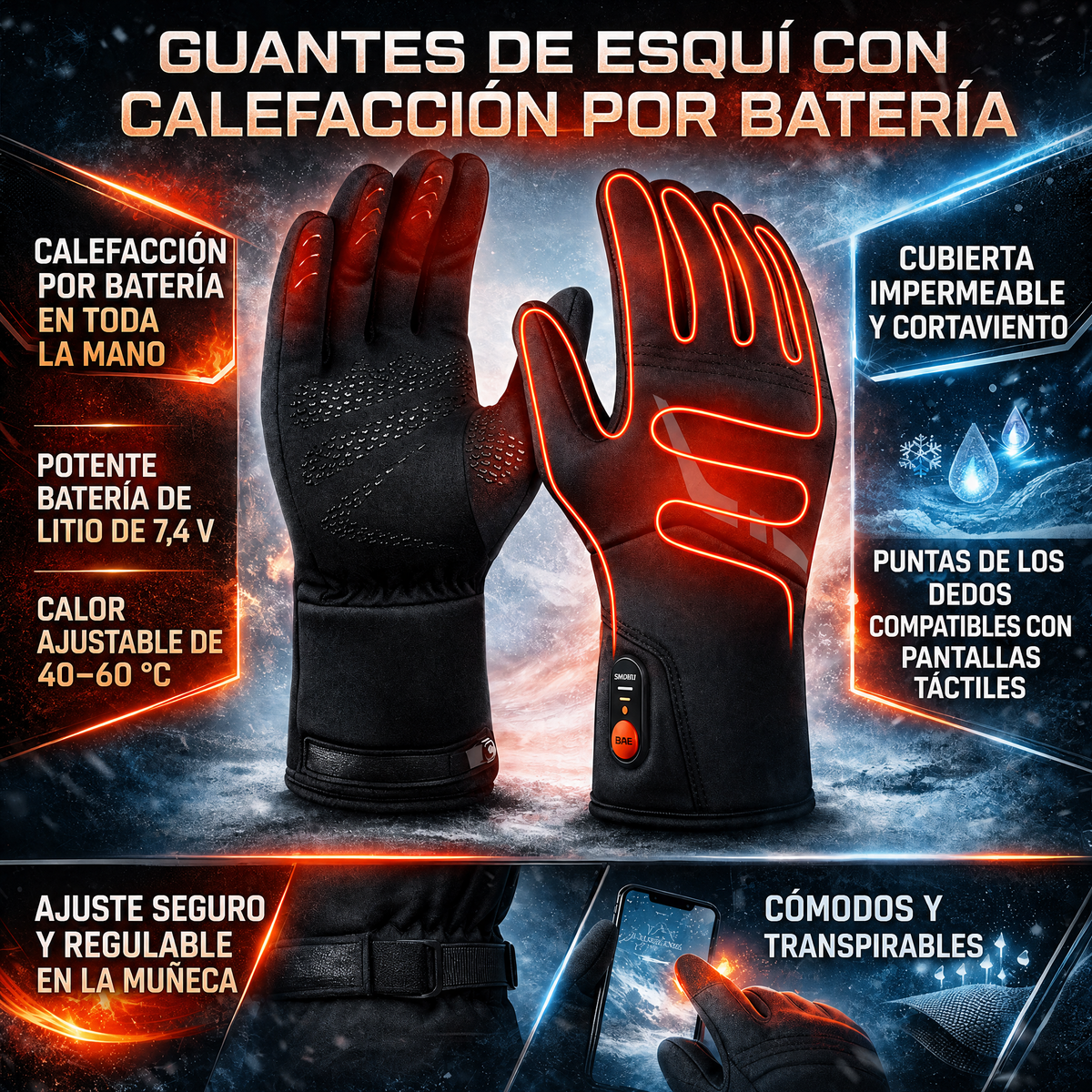 Guantes calefactables a batería impermeables con pantalla táctil para invierno