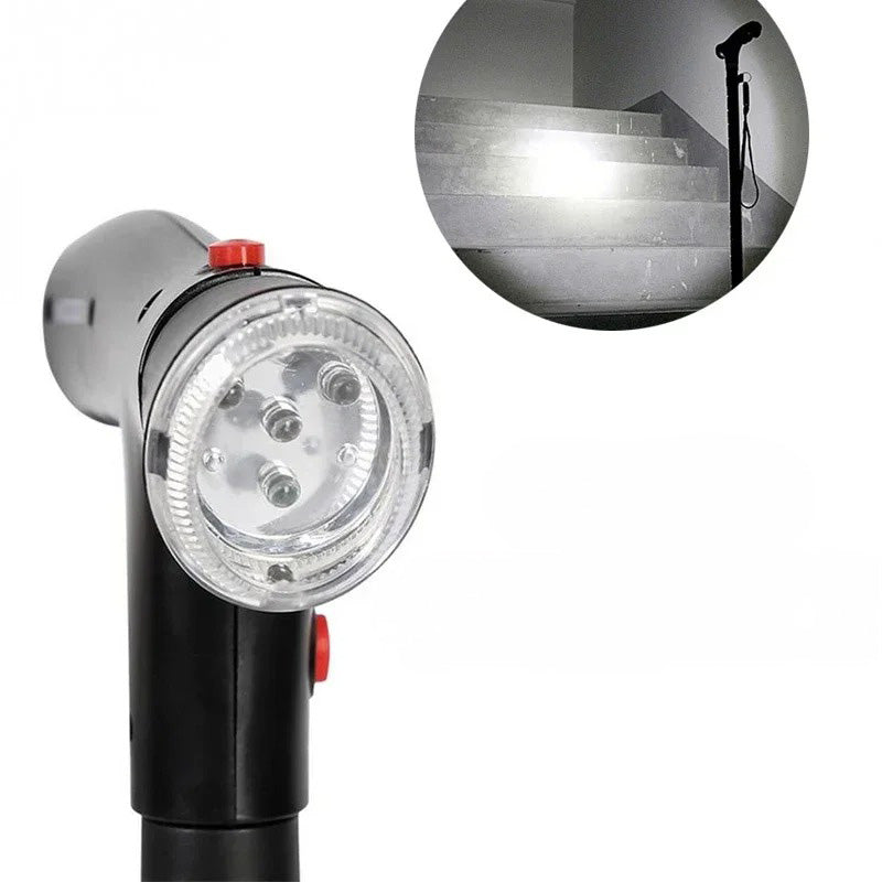 Bastón plegable con doble empuñadura, alarma y linterna integrada