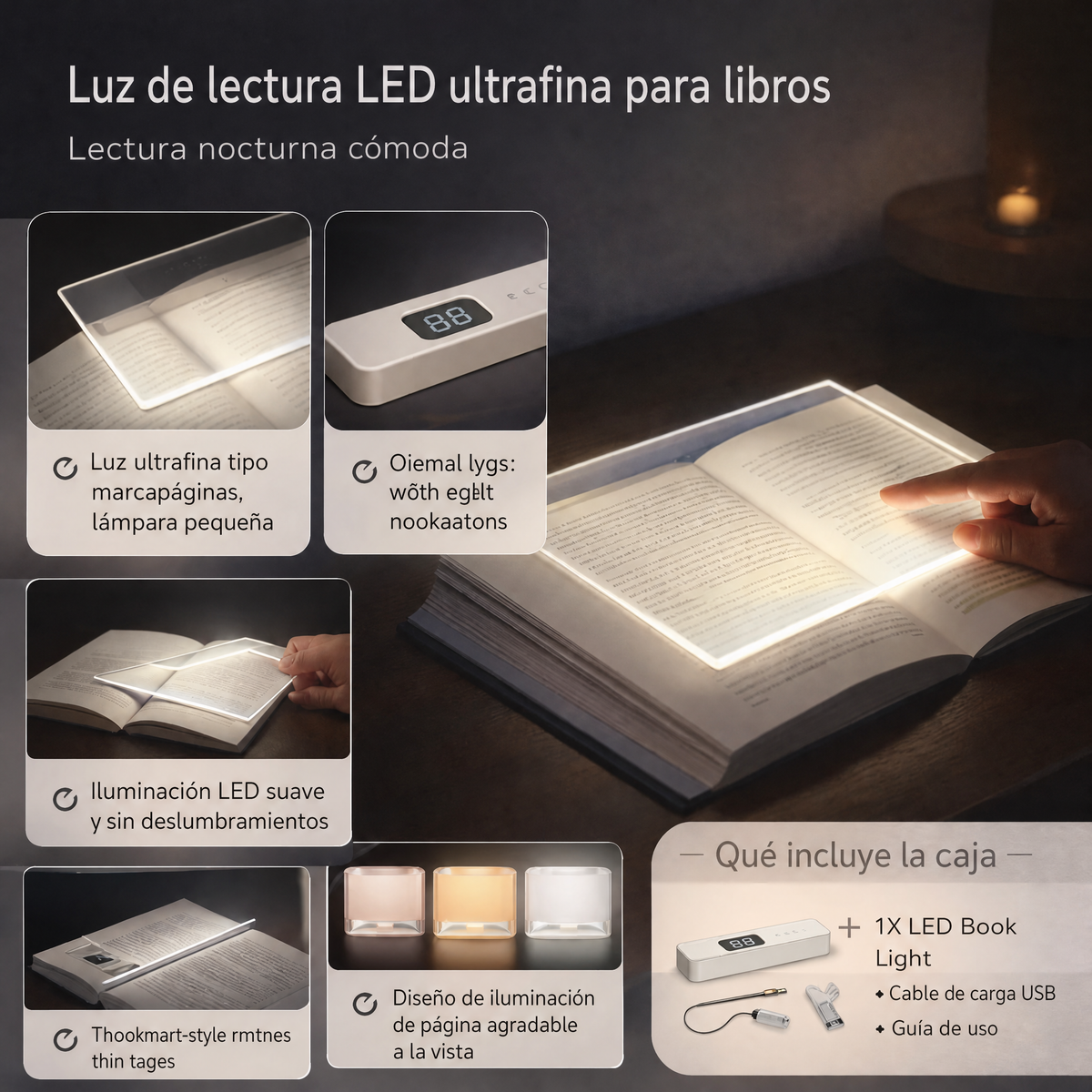 Lámpara de lectura LED para libros, ultrafina, recargable por USB