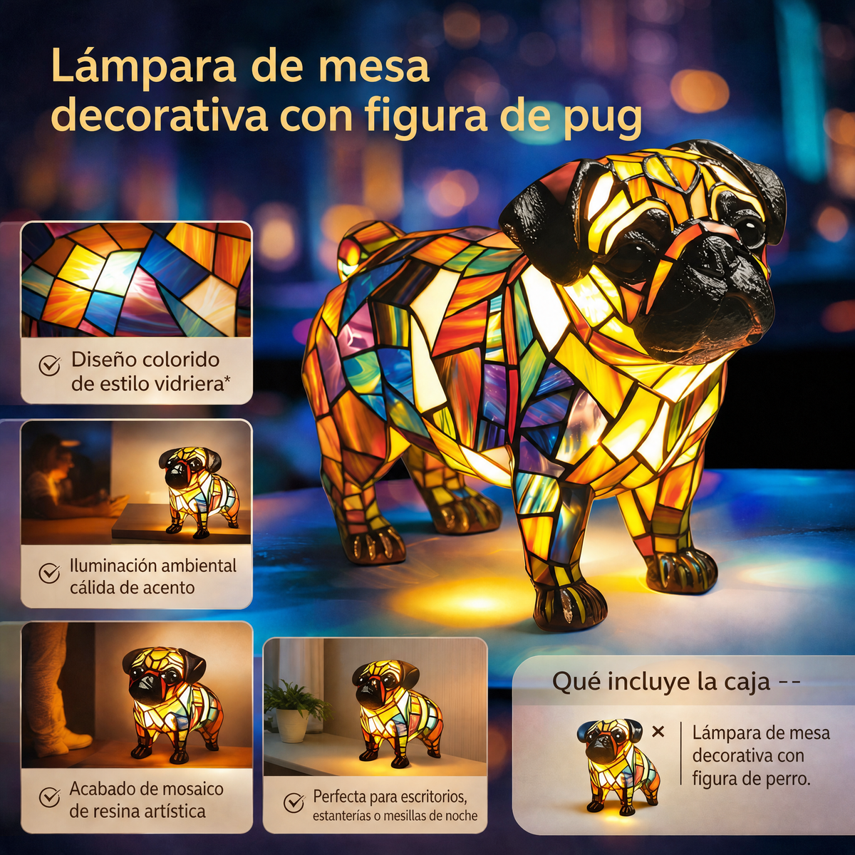 Lámpara de mesa con figura decorativa de perro de resina