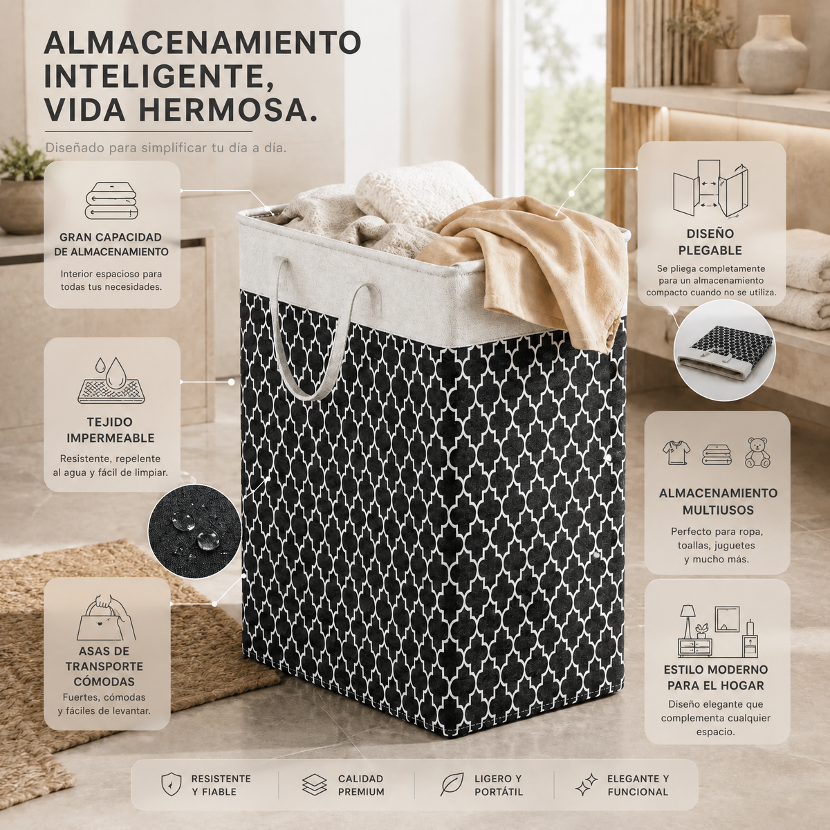 Lauva | Cesto de ropa impermeable de 75 L | Cesto plegable de tela con asas