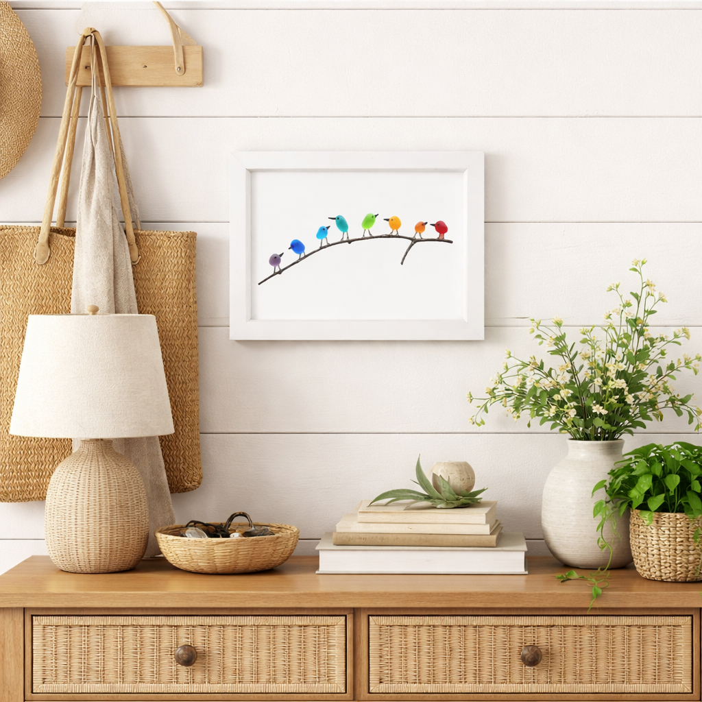 Marco de foto decorativo para pared con pájaros de vidrio marino y madera flotante, estilo costero