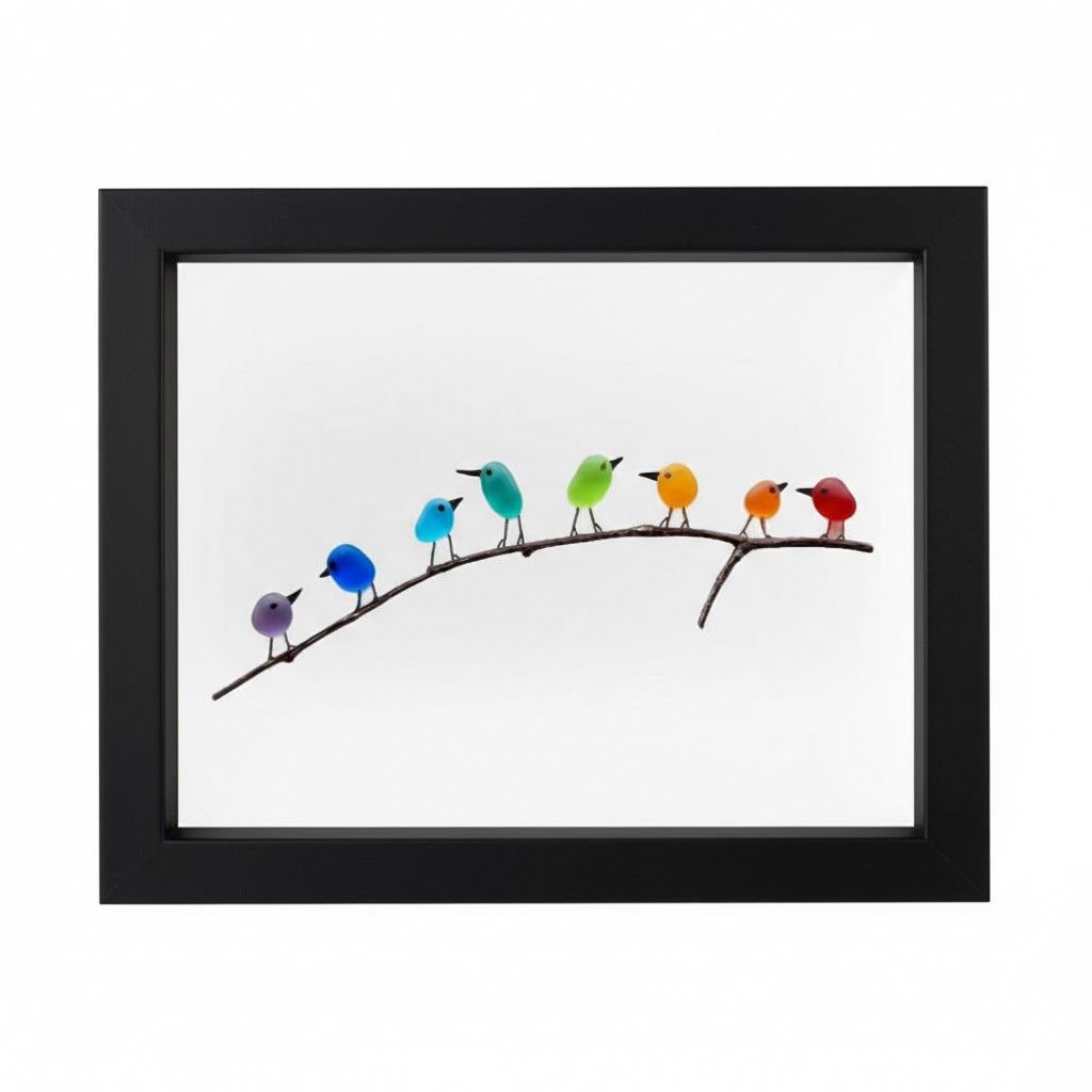 Marco de foto decorativo para pared con pájaros de vidrio marino y madera flotante, estilo costero