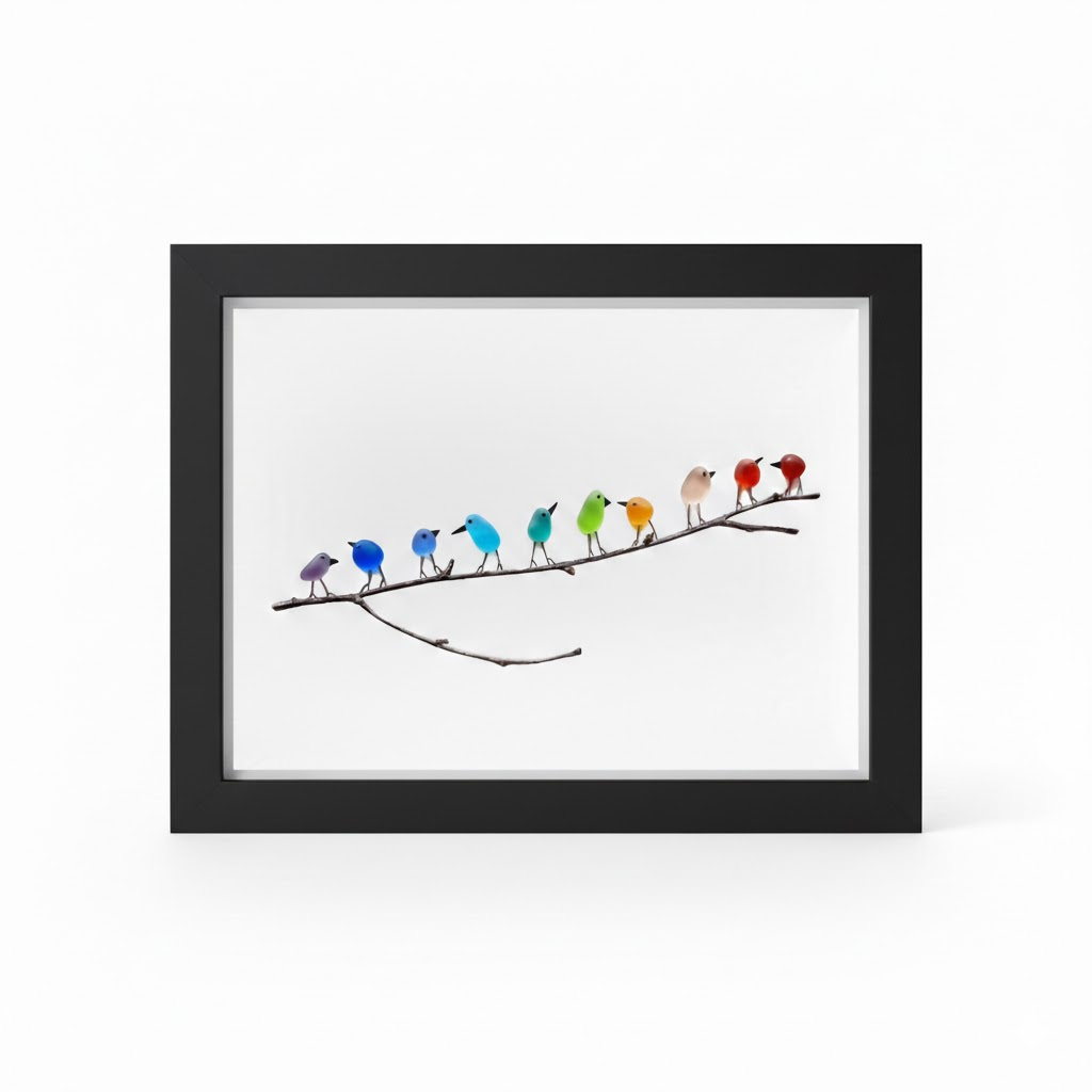 Marco de foto decorativo para pared con pájaros de vidrio marino y madera flotante, estilo costero
