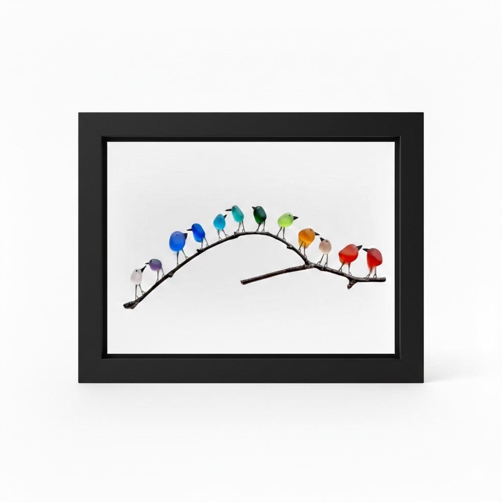 Marco de foto decorativo para pared con pájaros de vidrio marino y madera flotante, estilo costero