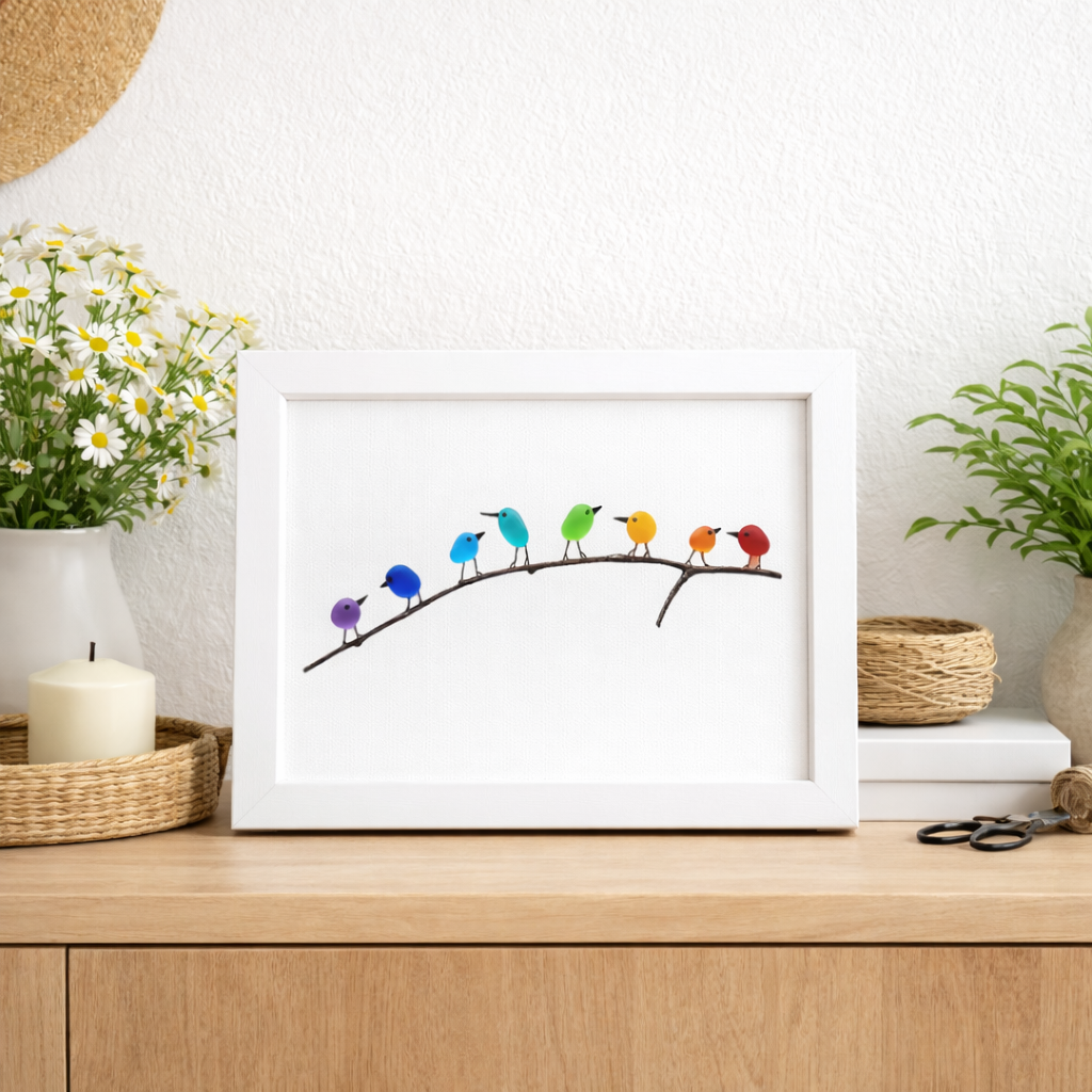Marco de foto decorativo para pared con pájaros de vidrio marino y madera flotante, estilo costero