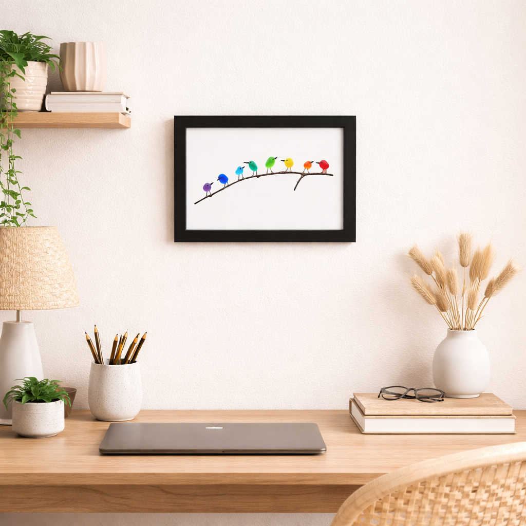 Marco de foto decorativo para pared con pájaros de vidrio marino y madera flotante, estilo costero