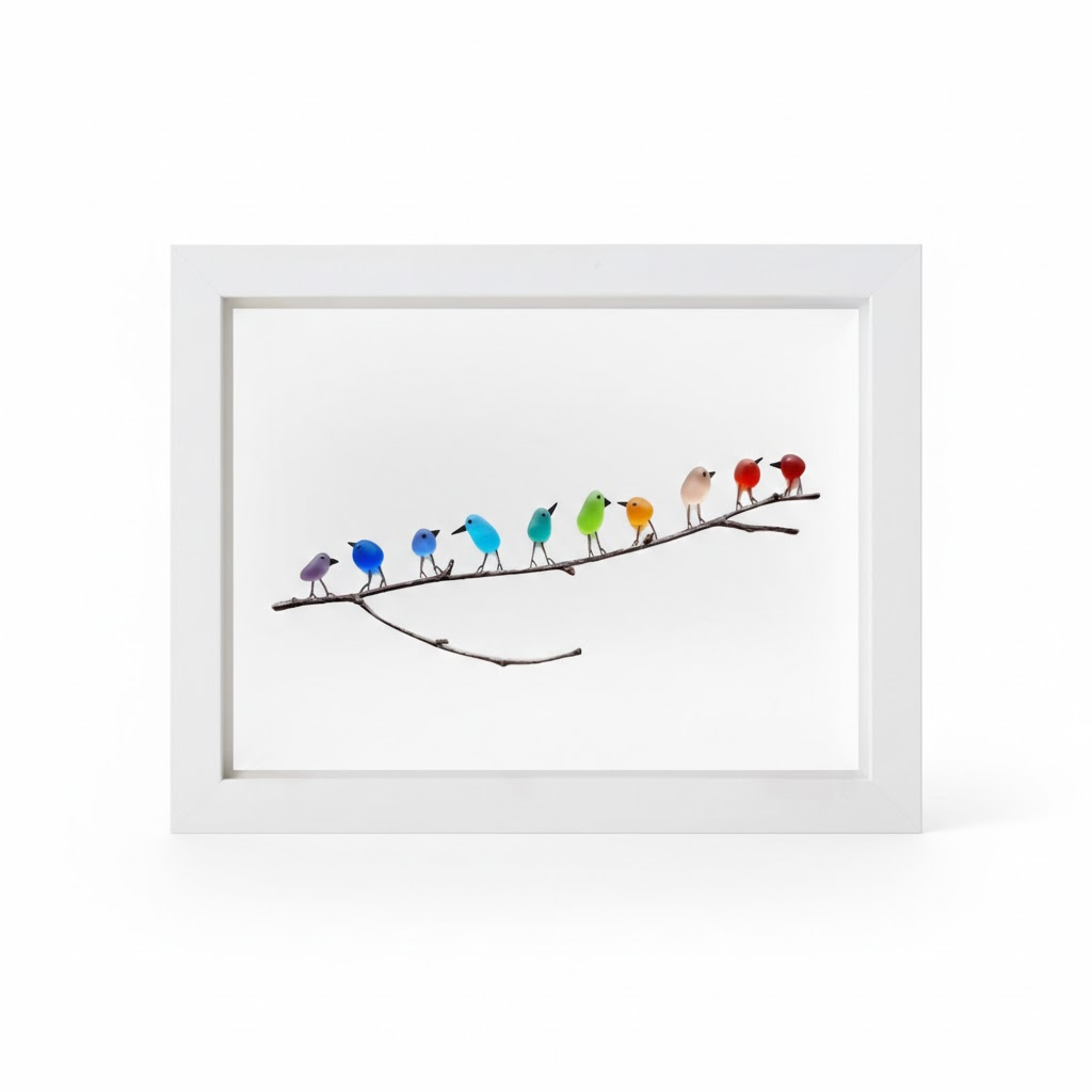 Marco de foto decorativo para pared con pájaros de vidrio marino y madera flotante, estilo costero