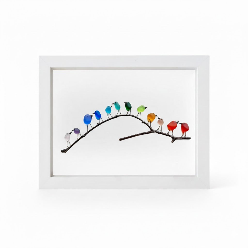 Marco de foto decorativo para pared con pájaros de vidrio marino y madera flotante, estilo costero
