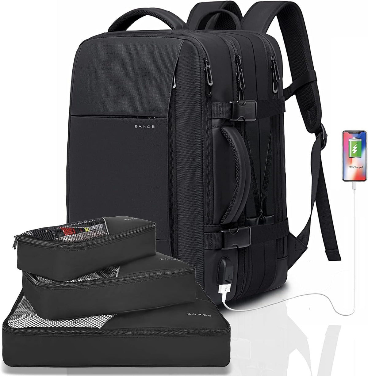 Mochila de viaje impermeable expandible 26–45 L con funda para portátil y opción de bolsa de deporte