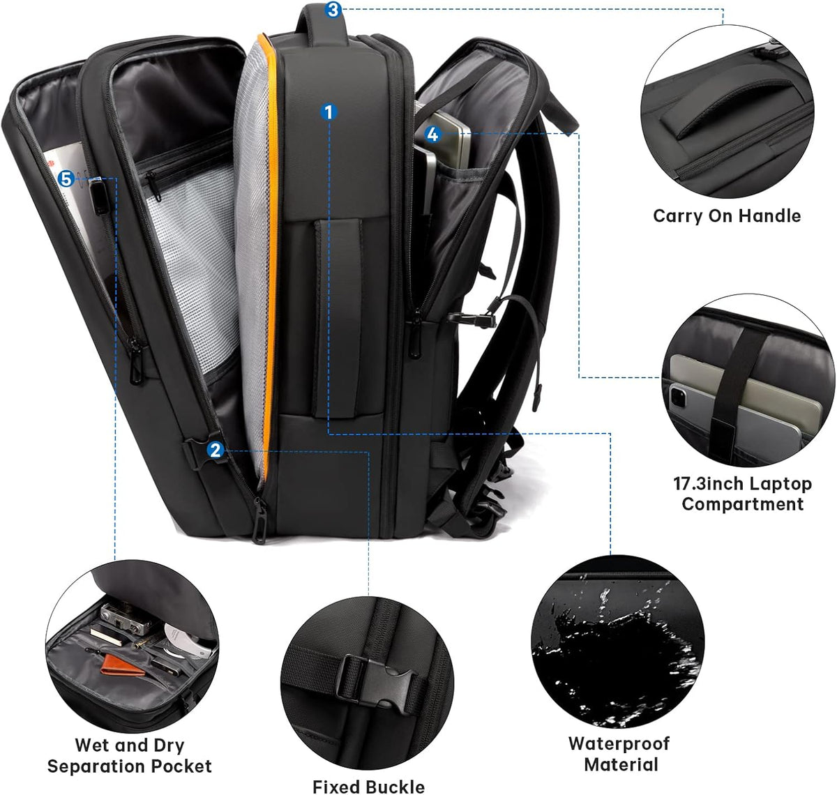 Mochila de viaje impermeable expandible 26–45 L con funda para portátil y opción de bolsa de deporte