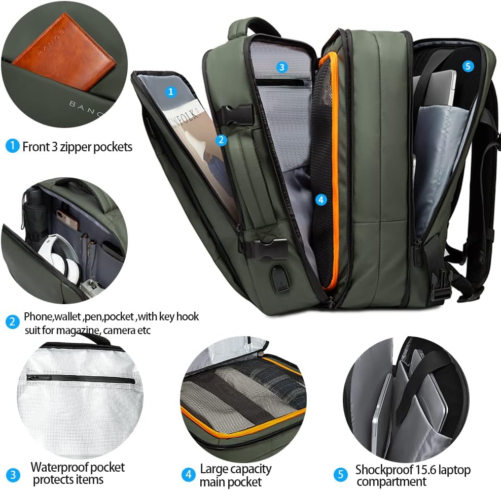Mochila de viaje impermeable expandible 26–45 L con funda para portátil y opción de bolsa de deporte