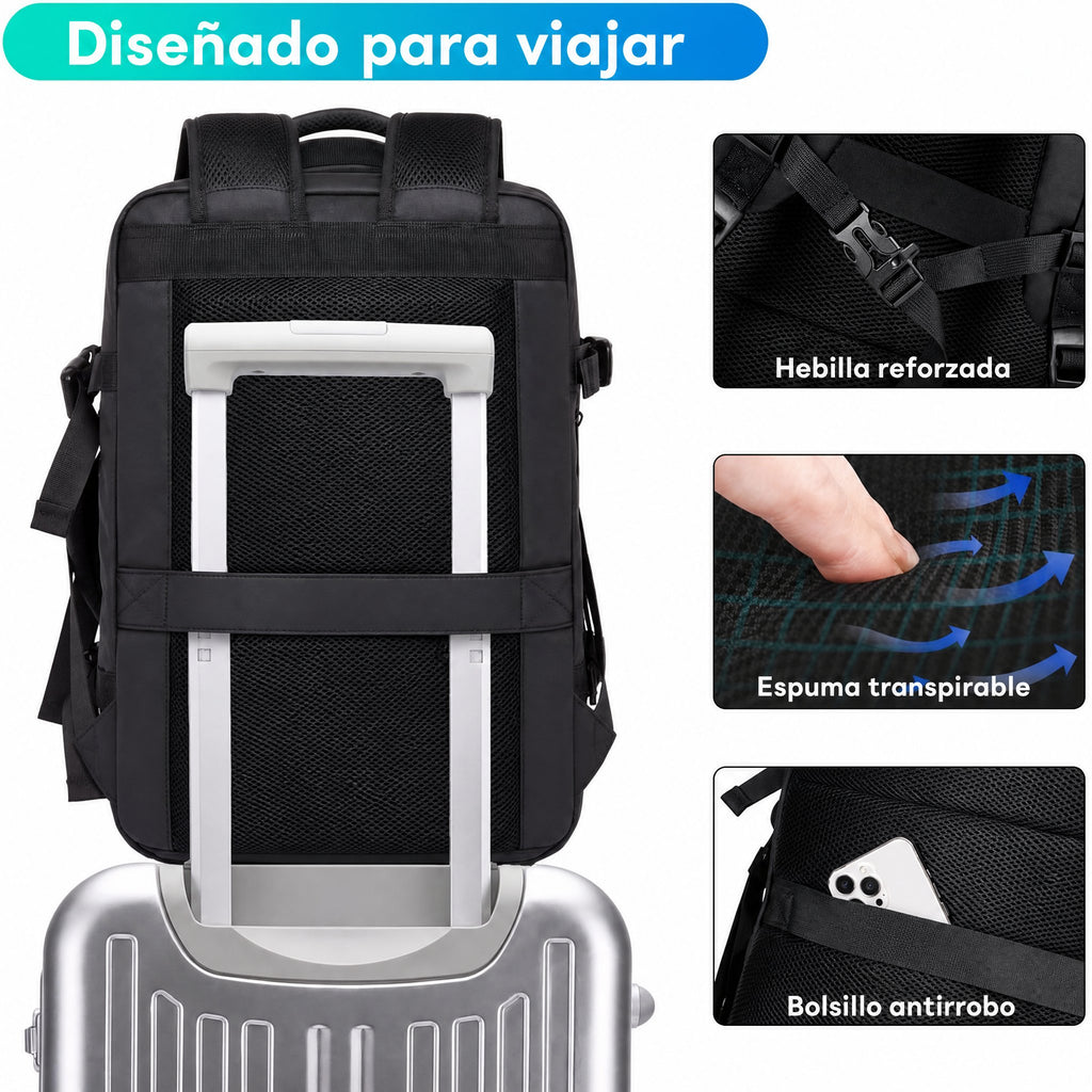 Mochila de viaje impermeable expandible 26–45 L con funda para portátil y opción de bolsa de deporte