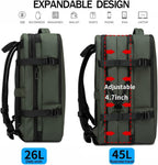 Mochila de viaje impermeable expandible 26–45 L con funda para portátil y opción de bolsa de deporte