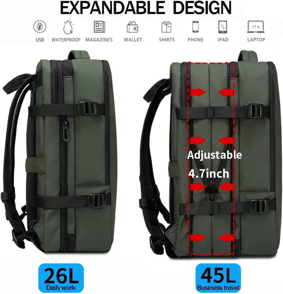 Mochila de viaje impermeable expandible 26–45 L con funda para portátil y opción de bolsa de deporte