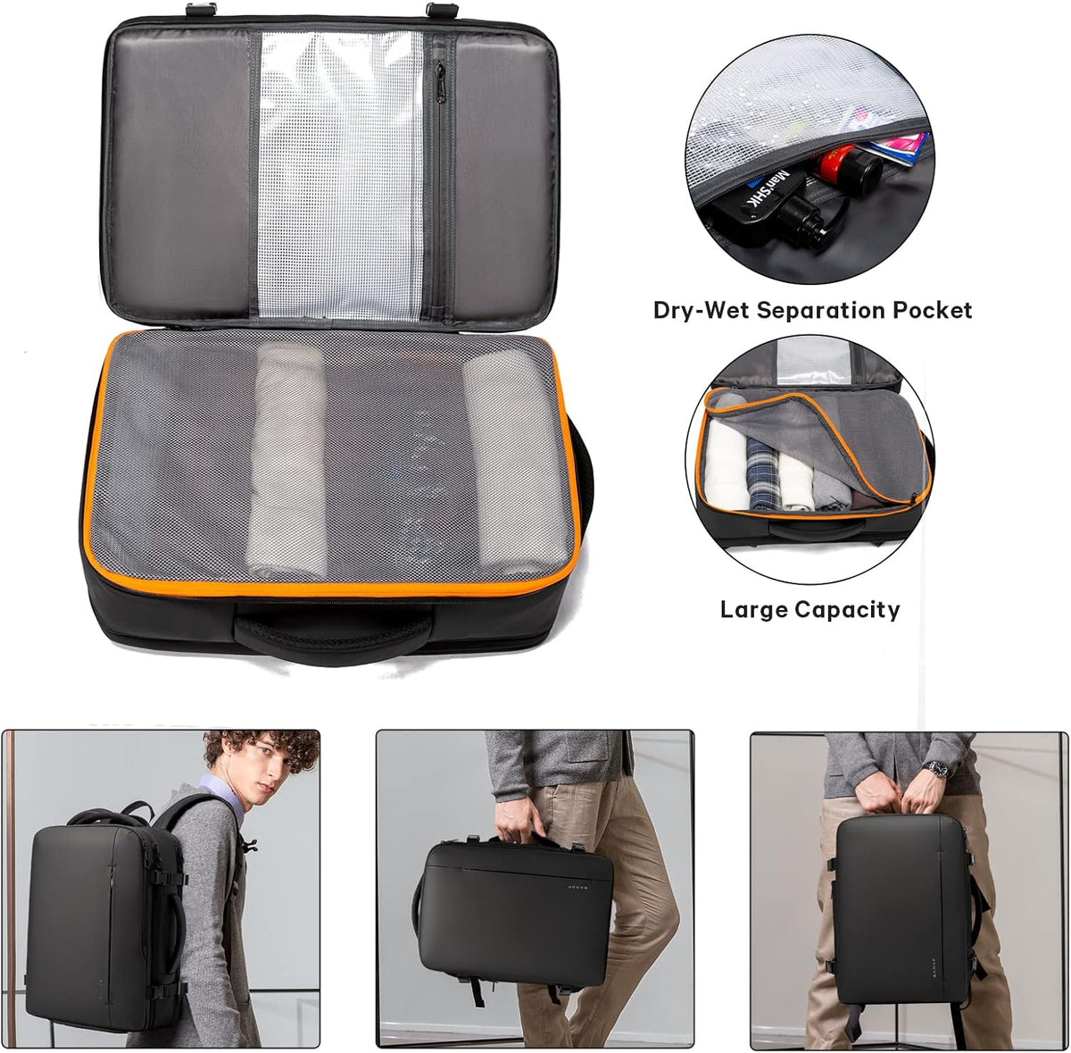 Mochila de viaje impermeable expandible 26–45 L con funda para portátil y opción de bolsa de deporte