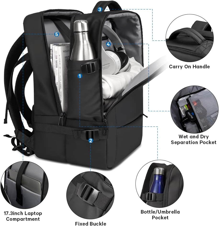 Mochila de viaje impermeable expandible 26–45 L con funda para portátil y opción de bolsa de deporte