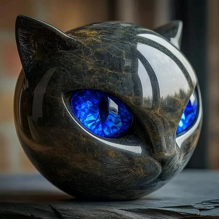 NoirCat Sculpture – Cabeza de gato negra con ojos hipnóticos