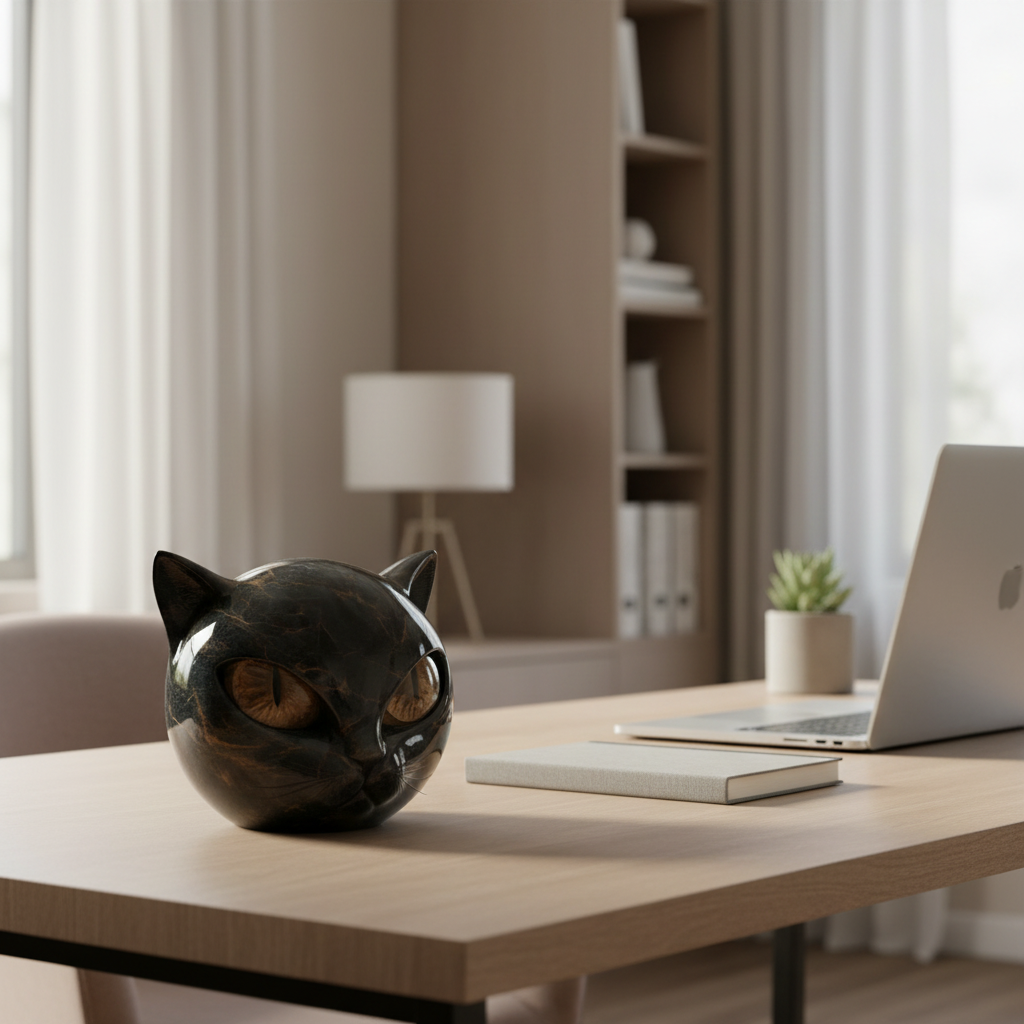 NoirCat Sculpture – Cabeza de gato negra con ojos hipnóticos