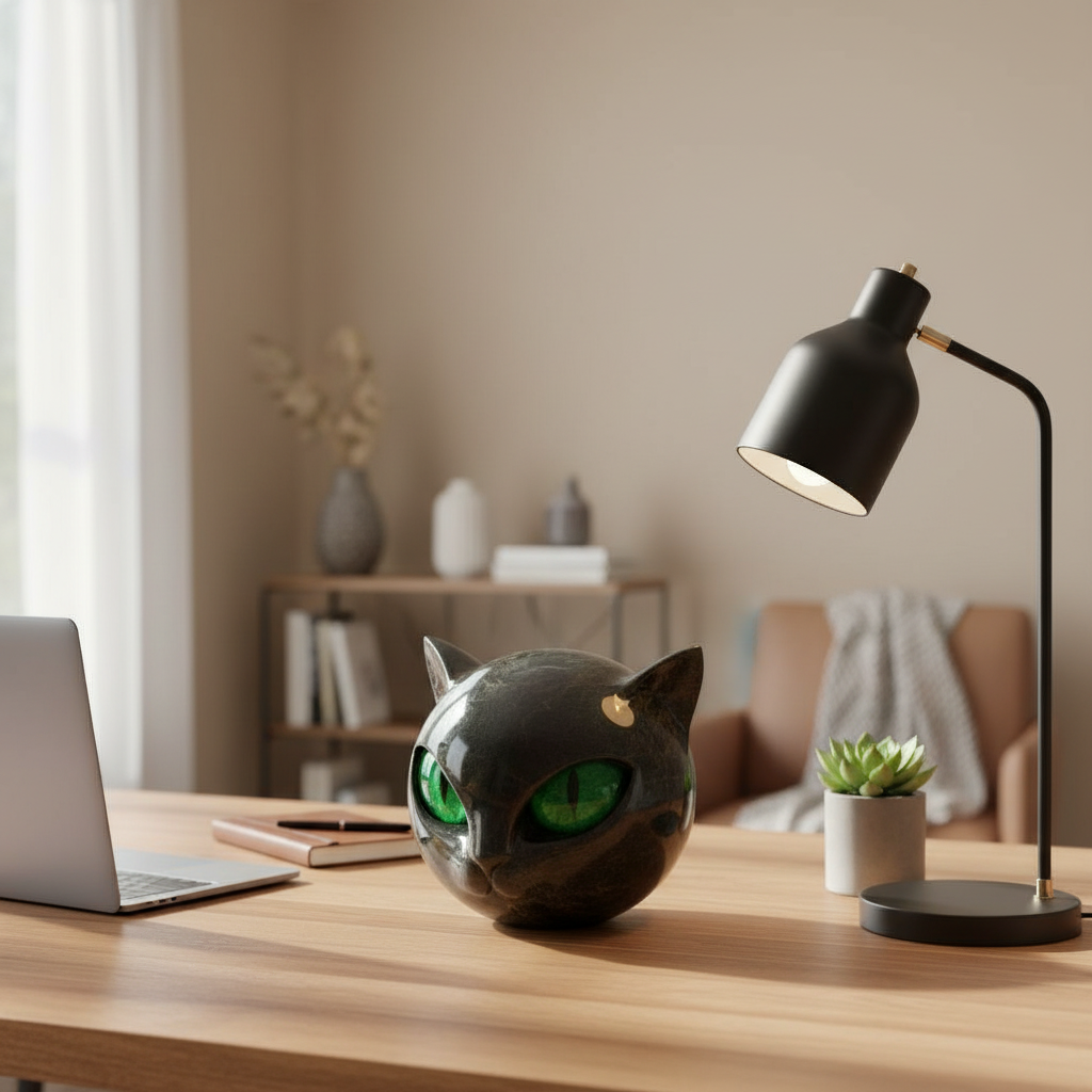 NoirCat Sculpture – Cabeza de gato negra con ojos hipnóticos