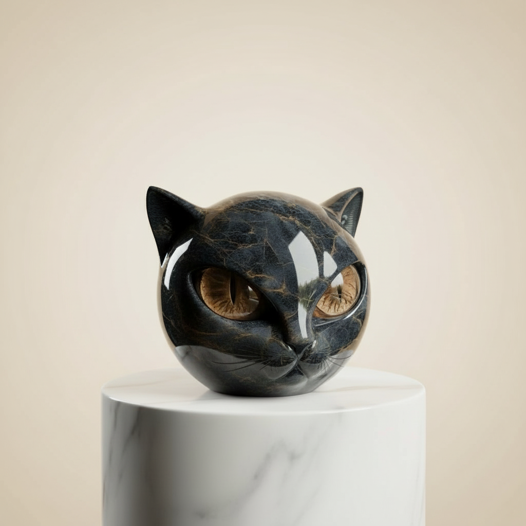 NoirCat Sculpture – Cabeza de gato negra con ojos hipnóticos