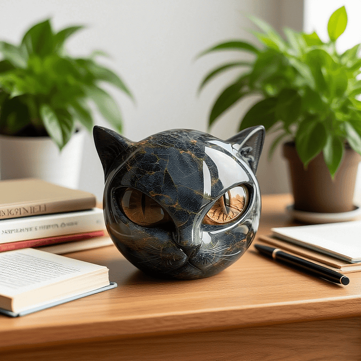 NoirCat Sculpture – Cabeza de gato negra con ojos hipnóticos