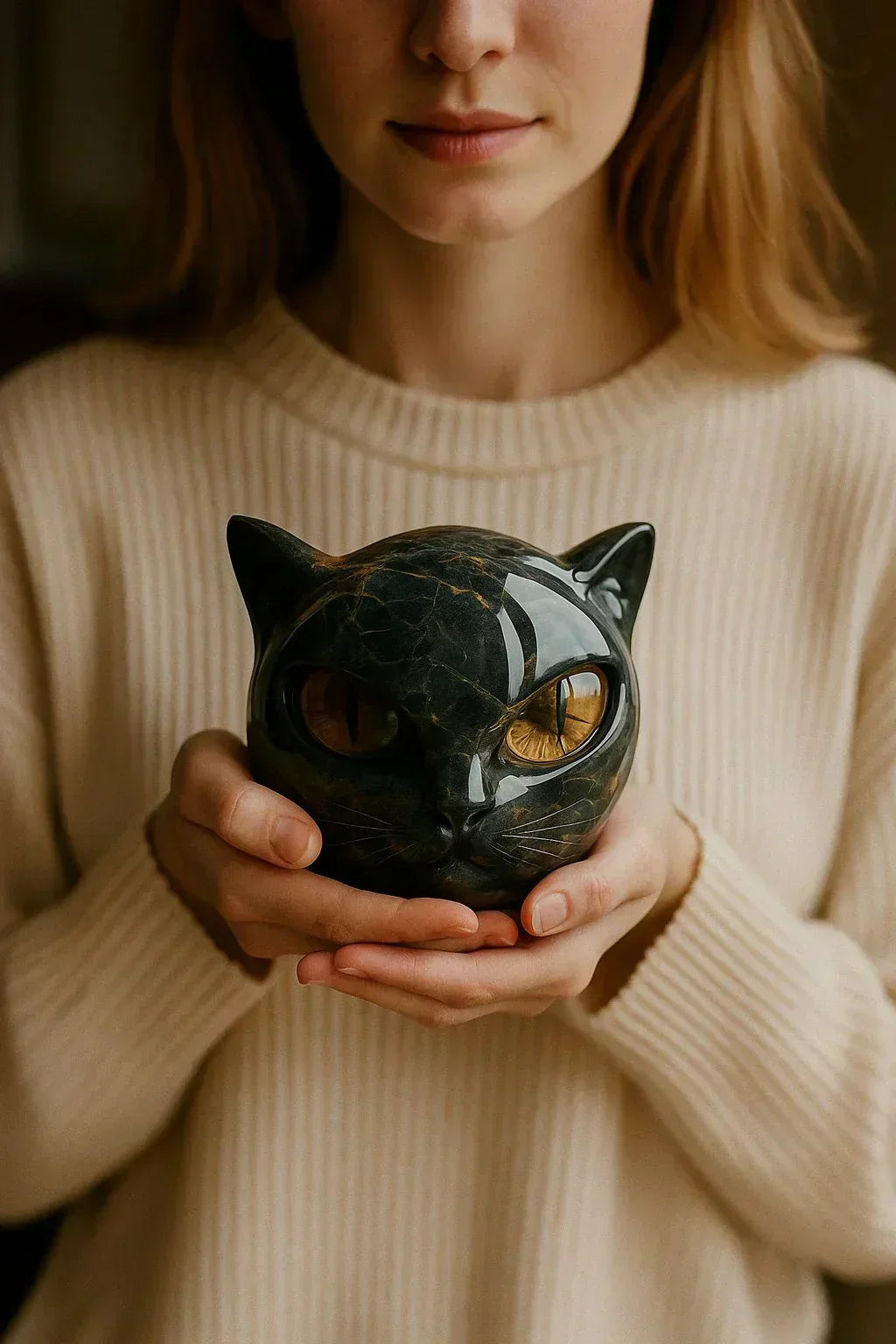 NoirCat Sculpture – Cabeza de gato negra con ojos hipnóticos