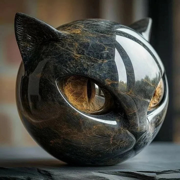 NoirCat Sculpture – Cabeza de gato negra con ojos hipnóticos