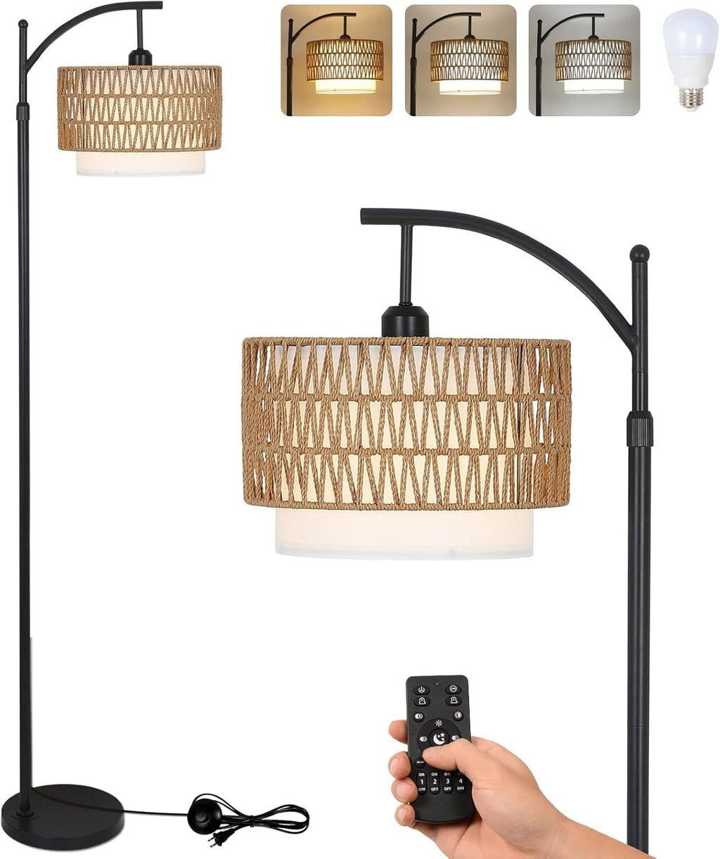 Lámpara de pie moderna de arco con pantallas dobles y control remoto.