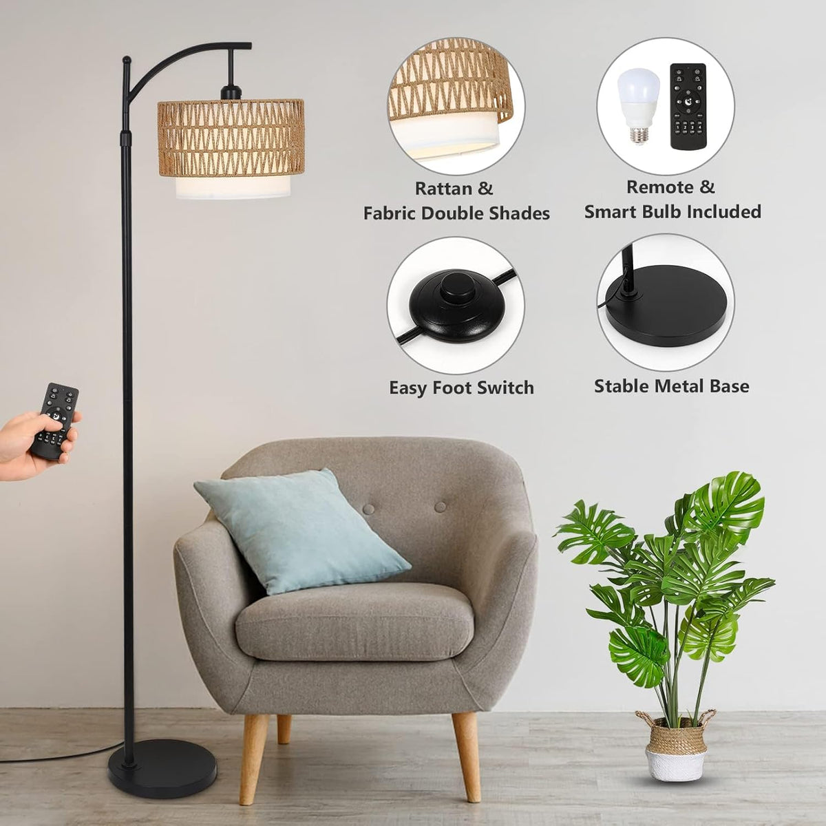 Lámpara de pie moderna de arco con pantallas dobles y control remoto.
