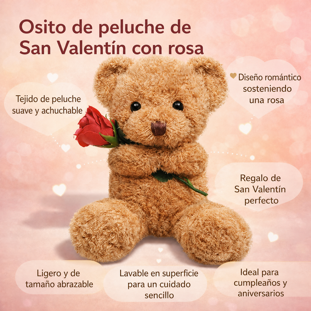 Osito de peluche de San Valentín suave con rosa, peluche de regalo