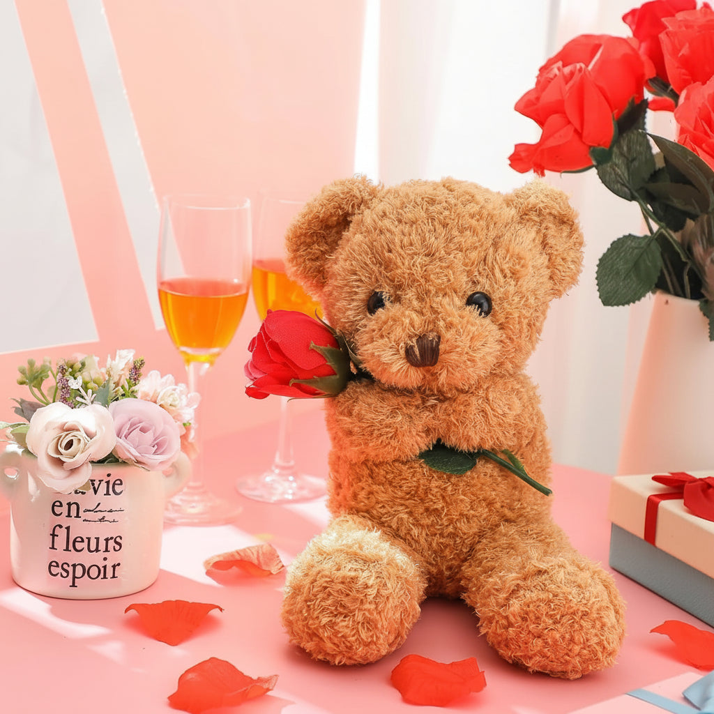 Osito de peluche de San Valentín suave con rosa, peluche de regalo