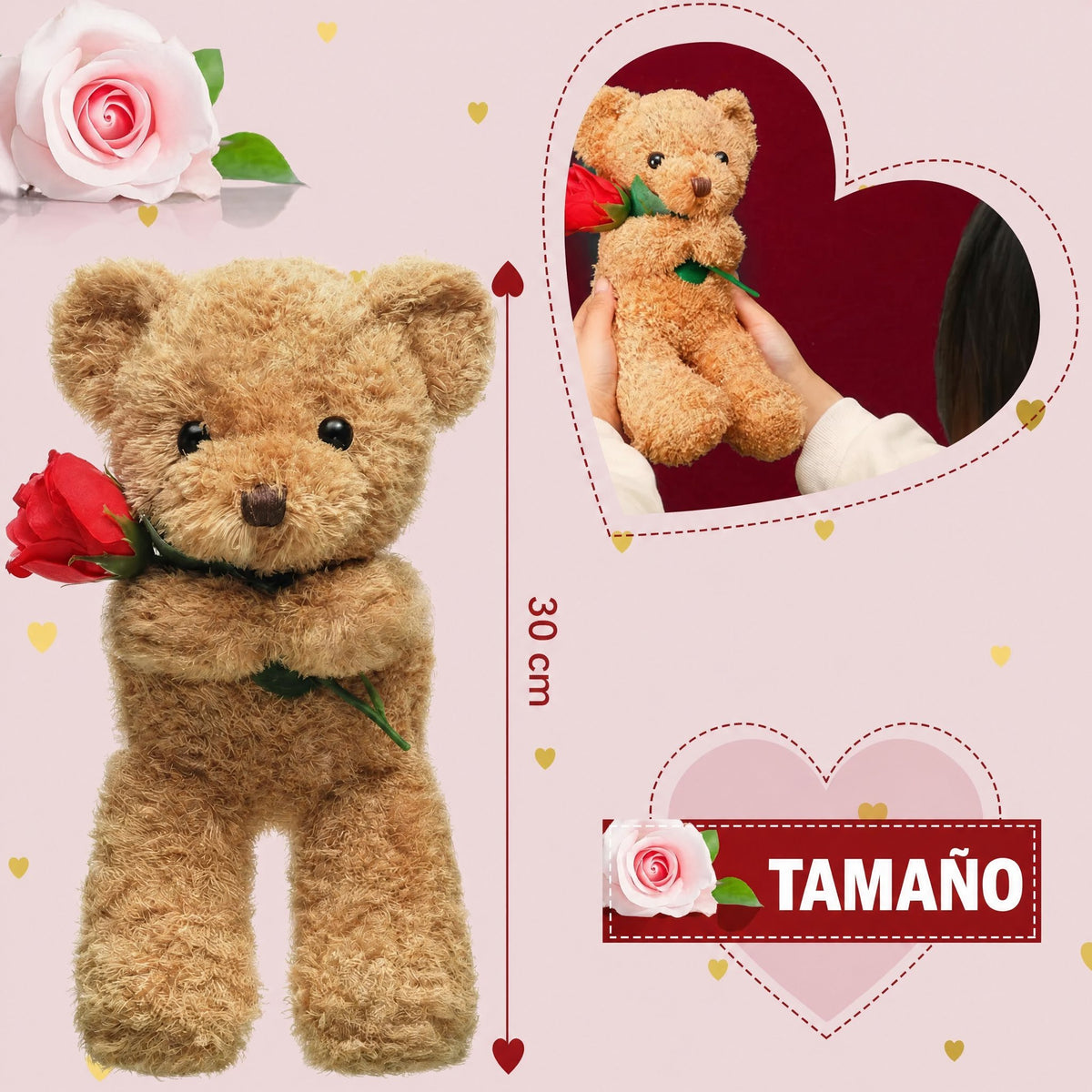 Osito de peluche de San Valentín suave con rosa, peluche de regalo