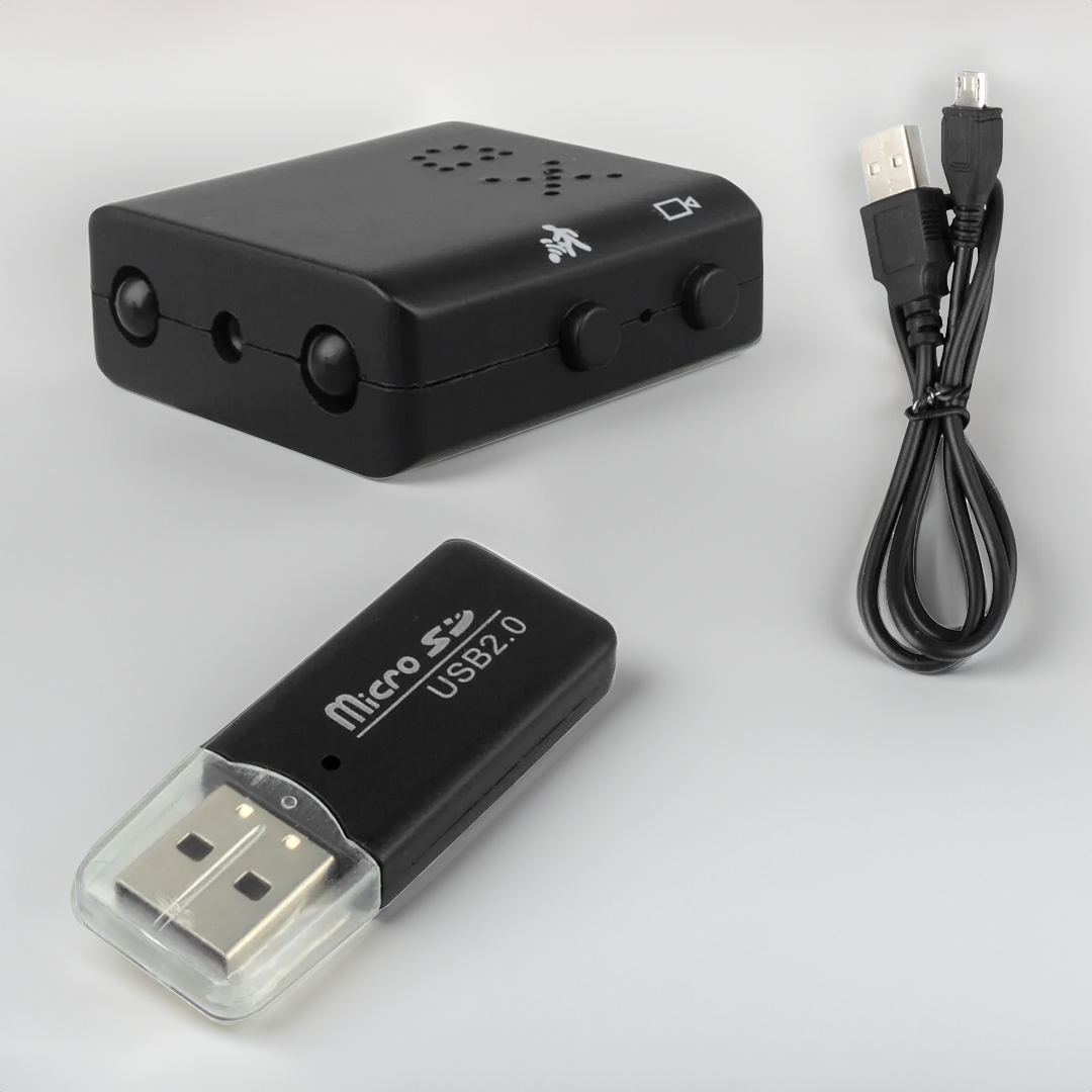 Cámara de seguridad HD compacta con audio, detección de movimiento y visión nocturna para vigilancia del hogar y la oficina.